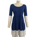 Scoop Neck 3/4 Length Sleeve Color Block Lace Patchwork T-shirt Dress