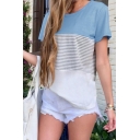 Striped Colorblock Short Sleeve Round Neck Loose Fit Leisure Tee Top for Women