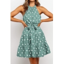 Popular Womens Polka Dot Print Pleated Tiered Bow Tie Cut Out Back Sleeveless Halter Mini A-Line Dress