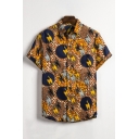 Mens Shirt Stylish Circle Abstract Animal Pattern Spread Collar Button-down Regular Fit Short Sleeve Shirt