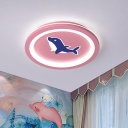 Acrylic Rounded Flush Mount Kids LED Pink Ceiling Mounted Fixture with Dolphin Pattern for Girls Room, Warm/White Light