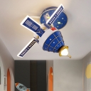 Metallic Spacecraft Flush Mount Fixture Cartoon LED Blue Flushmount Lighting for Kids Room