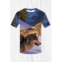 Chic Mens 3D Tee Top Wolf Grass Painting Short Sleeve Slim Fitted Crew Neck Tee Top