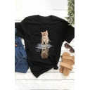 Chic Girls Cartoon Cat Printed Short Sleeve Crew Neck Regular Fit T Shirt