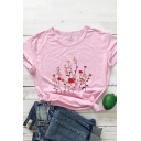 Lovely Girls Flower Printed Rolled Short Sleeve Crew Neck Slim Fit T Shirt
