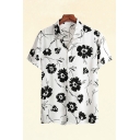 Classic Mens Shirt Floral Leaf Pattern Button up Short Sleeve Point Collar Regular Fitted Shirt