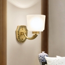 Brass 1 Head Wall Lighting Ideas Traditional Frosted Glass Cylinder Wall Mounted Lamp with Curved Arm