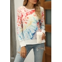 Casual Tie Dye Printed Long Sleeve Crew Neck Relaxed Fit T Shirt in Red