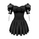 Black Basic Womens Dress Plain Shirred Waist off Shoulder Short Lace-up Puff Sleeve Short A-Line Dress
