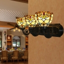3 Heads Sconce Mediterranean Bowl Stained Glass Wall Lighting Fixture in Brass with Petal Pattern