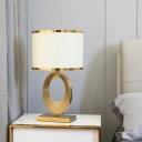 Circular Metal Night Table Lamp Country 1 Light Bedroom Nightstand Lighting in Gold with Drum Fabric Shade