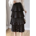 Classic Girls Skirt Polka Dot Pattern Pleated Layered High Waist Elastic Maxi A-Line Skirt