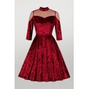 Red Elegant Polka Dot Print Patchwork Mesh Zipped Back Stand Collar 3/4 Sleeve Midi Fit & Flared Dress for Ladies