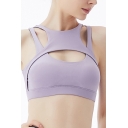 Gym Girls Purple Sleeveless Crew Neck Hollow Out Slim Fit Cropped Bustier Top