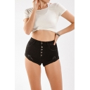 Womens Shorts Black Stylish Plain Distressed Rolled Cuffs High Waist Single-Breasted Slim Fitted Denim Shorts