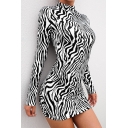 Sexy Black and White Zebra Print Long Sleeve Mock Neck Mini Bodycon Dress for Party