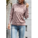 Street Ladies Plain Long Sleeve Mock Neck Rhombus Knitted Relaxed Pullover Sweater Top