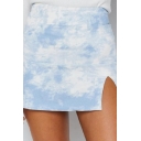 Fashion Skirt Tie Dye High Rise Short Zip Closure Seamless Slit Skirt for Women