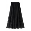 Womens Skirt Stylish Lace Patchwork High Elastic Rise Maxi A-Line Tulle Skirt
