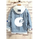 Mens Popular Cat Fish Print Ripped Patchwork Long Sleeve Hooded Bleach Relaxed Denim Jacket
