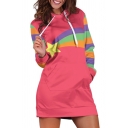 Womens Fashion Star Rainbow Stripe Color Block Drawstring Kangaroo Pocket Long Sleeve Regular Fit Tunic Hooded Sweatshirt