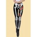 Popular Womens Leggings Floral Skeleton Bones 3D Pattern Skinny Fit Full Length Leggings