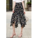 Vintage Womens Skirt Ditsy Floral Pattern Chiffon Asymmetric Hem Midi A-Line Skirt
