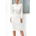 Pop Solid Color Button Embellished Belted Notched Collar Long Sleeve Midi Bodycon Sweater Dress for Women
