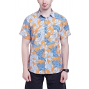 Basic Mens Shirt Leaf Pattern Button-down Short Sleeve Turn-down Collar Slim Fitted Shirt with Chest Pocket