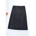 Womens Skirt Casual Plain Zipper Fly Midi A-Line High Waist Pleated Skirt in Black