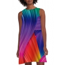 Summer Abstract Colorful Line Printed Round Neck Sleeveless Mini A-Line Tank Dress For Women