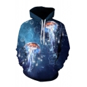 New Stylish 3D Blue Jellyfish Pattern Pullover Loose Fit Drawstring Hoodie
