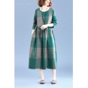 Retro Womens Plaid Printed Long Sleeve Round Neck Linen and Cotton Frog Button Mid Swing Dress