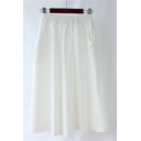 Summer Hot Fashion Elastic Waist Pocket Side Casual Loose Midi Plain Cargo Skirt
