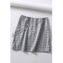 Womens Skirt Stylish Houndstooth Pattern Chain Embellished High Waist Mini Bodycon Skirt