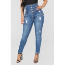 Women's Fancy Jeans Frayed High-rise Pockets Full Length Button Closure Medium Wash Skinny Jeans