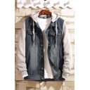 Trendy Men's Jacket Patchwork Long Sleeves Drawstring Button Closure Medium Wash Pocket Hooded Fitted Denim Jacket
