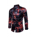 Mens Fashion Shirt Fire Smoke Printed Spread Collar Button up Curved Hem Long Sleeves Slim Fitted Shirt