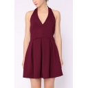 Popular Womens Solid Color Backless V Neck Halter Sleeveless Mini Fit&Flare Skater Dress in Red