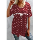 Chic Womens Polka Dot Printed Patchwork Crew Neck Short Sleeve Relaxed Fit Tee Top