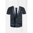 Fancy 3D Top Tee Chevron Suit Tie Button Pleated Pattern Regular Fitted Short-sleeved Crew Neck T-Shirt for Men
