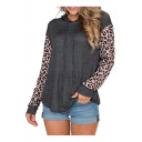 Fashion Leopard Printed Patchwork Drawstring Long Sleeve Relaxed Fit Hooded Sweatshirt