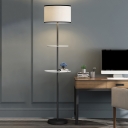 Fabric Cylinder Floor Light Minimalist 1-Bulb Black Standing Lamp with Shelves Design