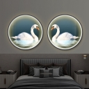 Chinese Goose Wall Sconce Lighting Fabric LED Bedroom Mural Lamp in White with Circle Frame, Right/Left