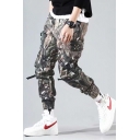 Guys New Stylish Camouflage Printed Buckle Ribbon Detail Military Army Green Cargo Pants