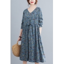 Blue Pretty Ditsy Floral Printed Drawstring Waist V Neck Long Sleeve Oversized Midi Dress for Women