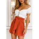 Cool Womens Shorts Plain Pleated Tie Decoration High Waist Regular Fitted Wide Leg Relaxed Shorts