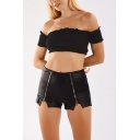Basic Womens Shorts Black Solid Color PU Leather Oblique Zipper Split Hem Regular Fitted Relaxed Shorts