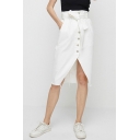 Womens White Skirt Chic Solid Color Bow-Knot Waist Asymmetric Frayed Hem Front Button Detail Knee-Length Denim Skirt