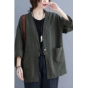 Popular Womens Solid Color Linen and Cotton Roll Up Sleeve Button Up Loose Fit Cardigan